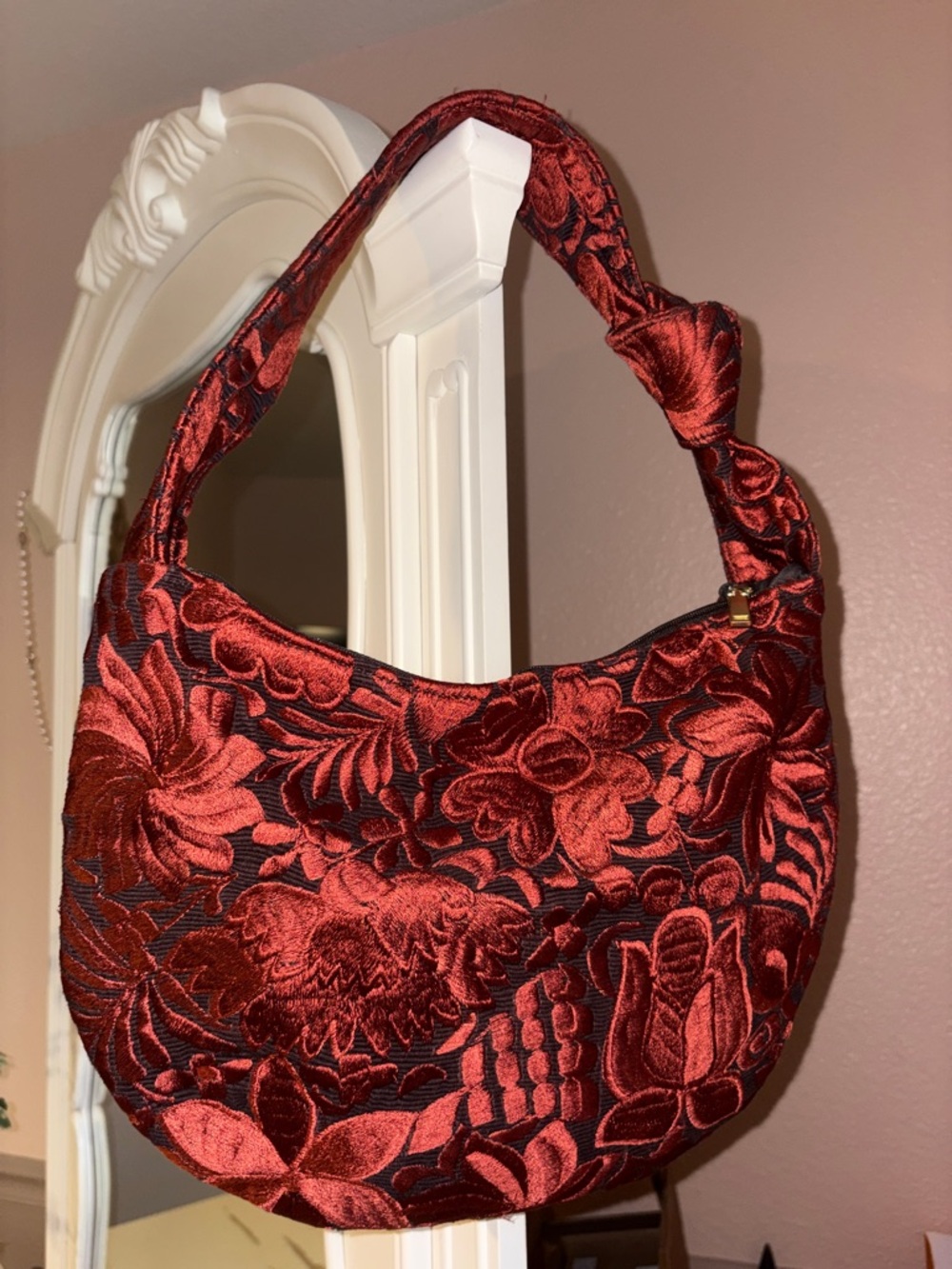 Embroidered Red Floral Hobo Bag